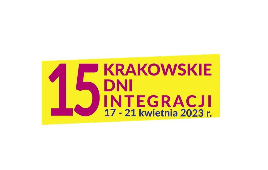 Grafika, żółty pasek na białym tle. Na pasku napis różowymi literami 15 Krakowskie Dni Integracji. 17 do 21 kwietnia 2023.